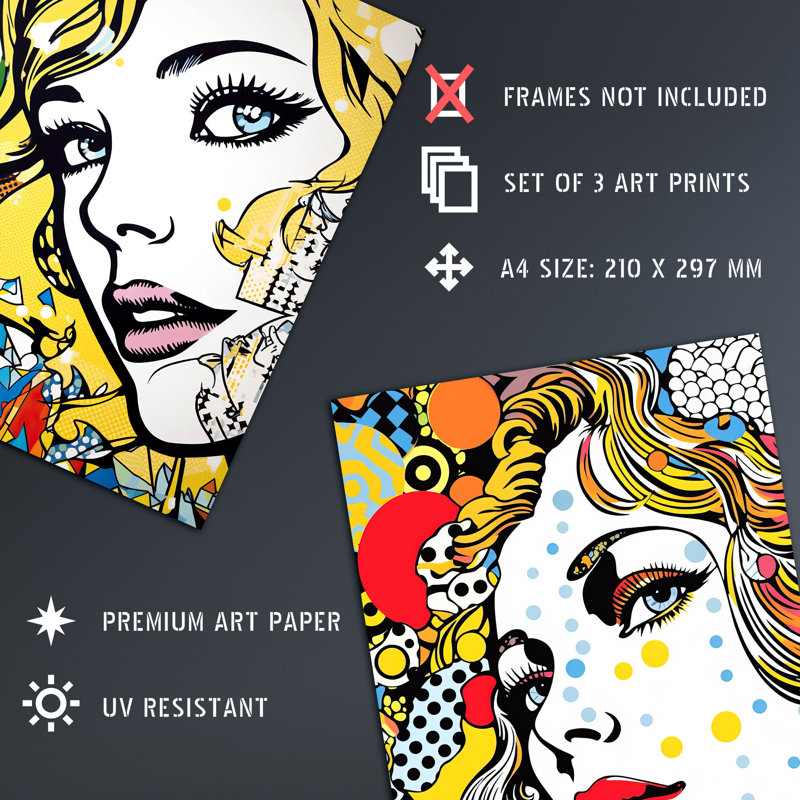 Pop Art Women Faces Comic Book Style Portraits With Patterns - 3 Piece No Frame Print Set, 29.7cm H x 21cm W x 0.4cm D