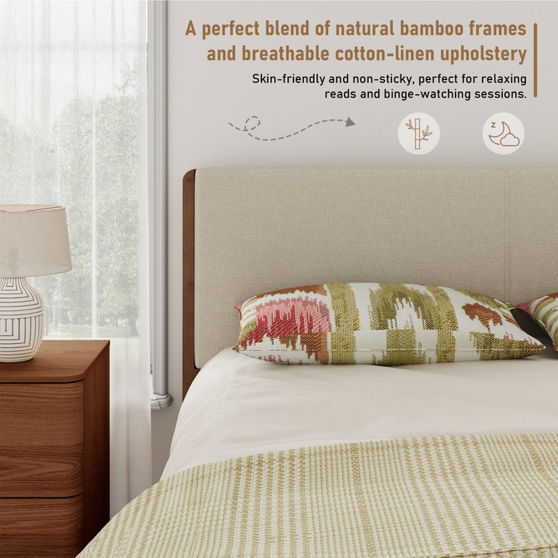 Natural Bamboo Mortise-and-tenon Upholstered Bed, Walnut, King