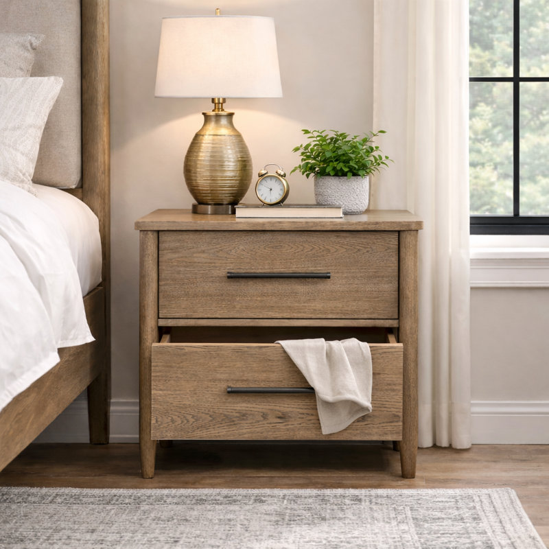 Haislynn 30"W Organic Modern Nightstand with Built-In USB Charging Ports— Hickory Veneer with Cedar-Lined Bottom Drawer