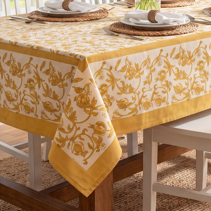 Bryah Tablecloth - Rectangular, 142" L x 71" W, Mustard/White