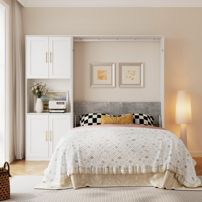 Murphy Bed Queen With Side Cabinet Storage Shelves, Modern Queen Size Wall Bed Cabinet With Wood Slat, Hidden Foldable Platform Bed Frame, Space-savin by Winston Porter