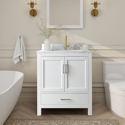Riverford 30'' Fully Assembled Single Bathroom Vanity With Solid Surface White Granite Top