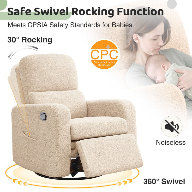 Reiby 36" Teddy Boucle Swivel Rocker Glider Recliner with Wider Armrest and Double Pocket, 360" Swivel Nursery Glider Recliner