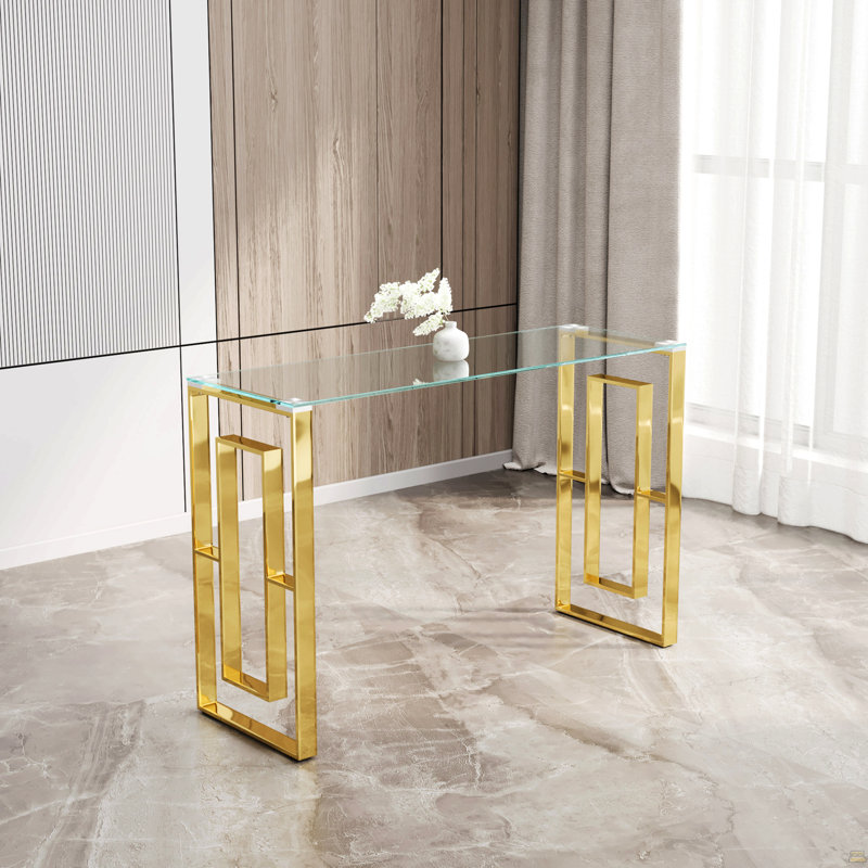 Console en acier inoxydable et verre, table d'appoint Meal, Doré