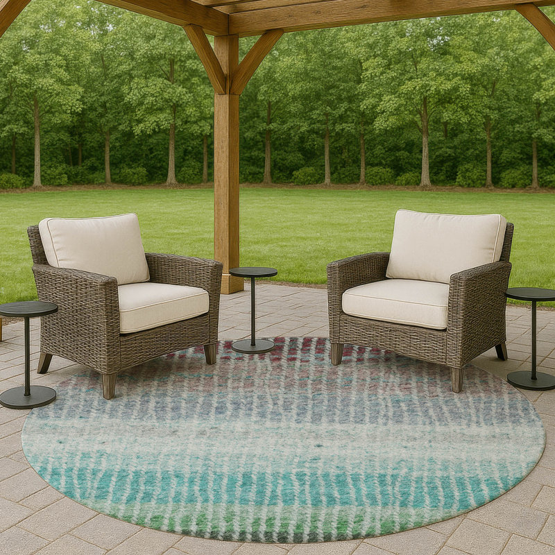 Machine Washable Indoor/Outdoor Matteson ACN2314 Stripes Rug, Round 8'