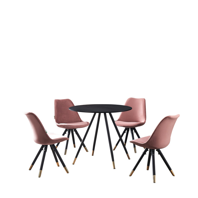 Pala 4 Person Dining set - a Round Wooden Dining Table with Metal Legs and a Set of 4 Quilted Velvet Dining Chairs for Dining Room - Modern Dining Table Set