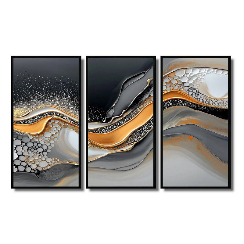 Encre dorée et grise fractale II - ensemble d'art mural moderne transitionnel abstrait, H 40 po x l 60 po, Noir