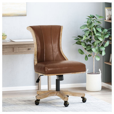 Contemporary Swivel Office Chair with Vertical Channel Stitching and Roll Back Design in Natural PU