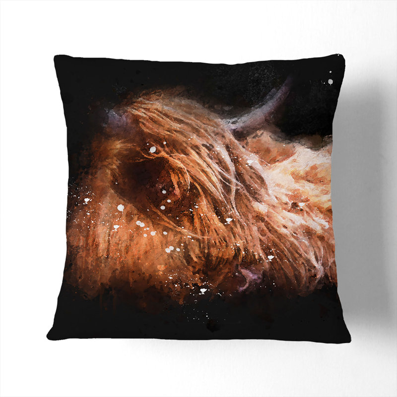 Highland Cow in the Shadows Paint Splash Cushion with Filling, 55cm H x 55cm W x 20cm D