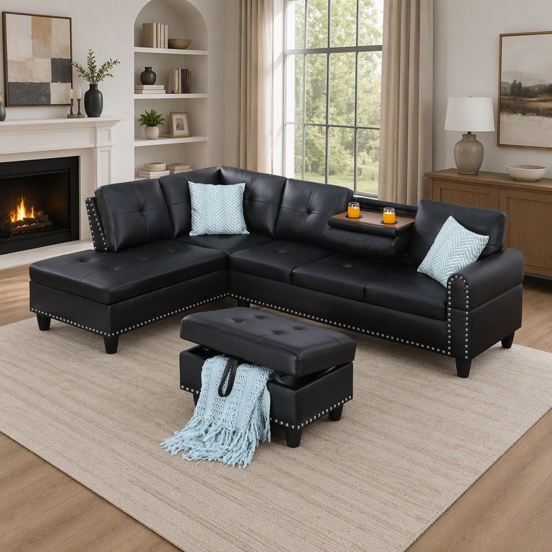 Canapé d'angle en similicuir noir en forme de L avec rangement, porte-gobelets et pouf assorti pour un salon moderne