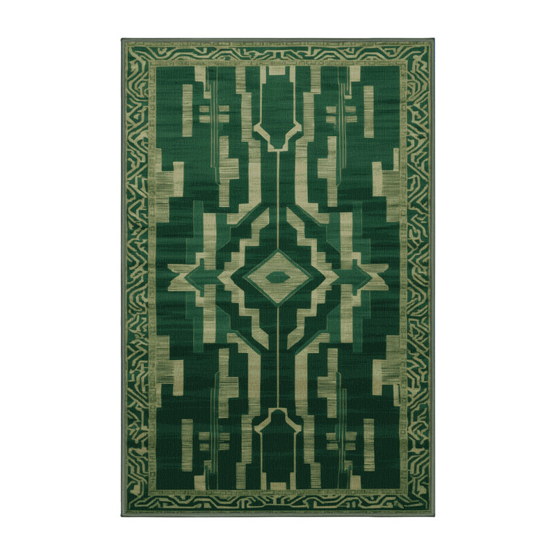 Machine Washable Art Deco Green Area Rug, Runner 2' x 5'