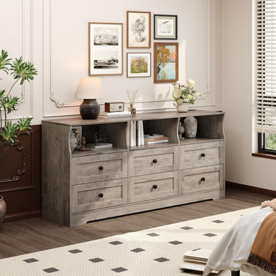 Commode 6 tiroirs avec prises de courant et lumière DEL, commode en bois mince avec tablette ouverte pour la chambre à coucher