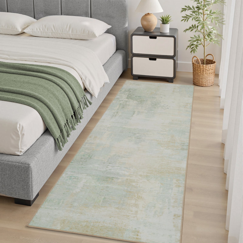 Modern Soft Abstract Machine Washable Mint Green Hallway Runner Area Rug, Runner 2' x 8'