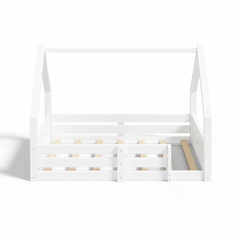 Lit cabane deux places, lit en bois avec cadre de toit, barrières de sécurité et panneaux rainurés, blanc, Lit simple, Blanc