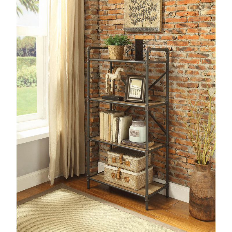 Forshee Geometric Bookcase in Antique Oak and Sandy Gray, (4 Shelves) 49 "H x 26 " W x 14" D