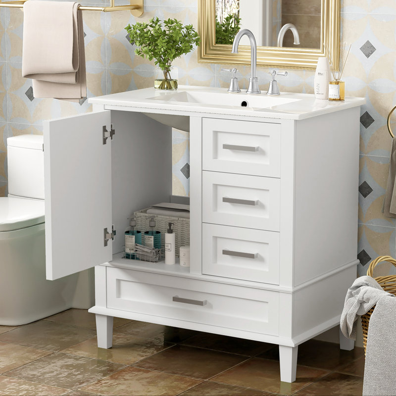 Ensemble de meuble-lavabo 30 po avec lavabo, porte à fermeture douce et 3 tiroirs, structure en bois massif, Blanc / argenté