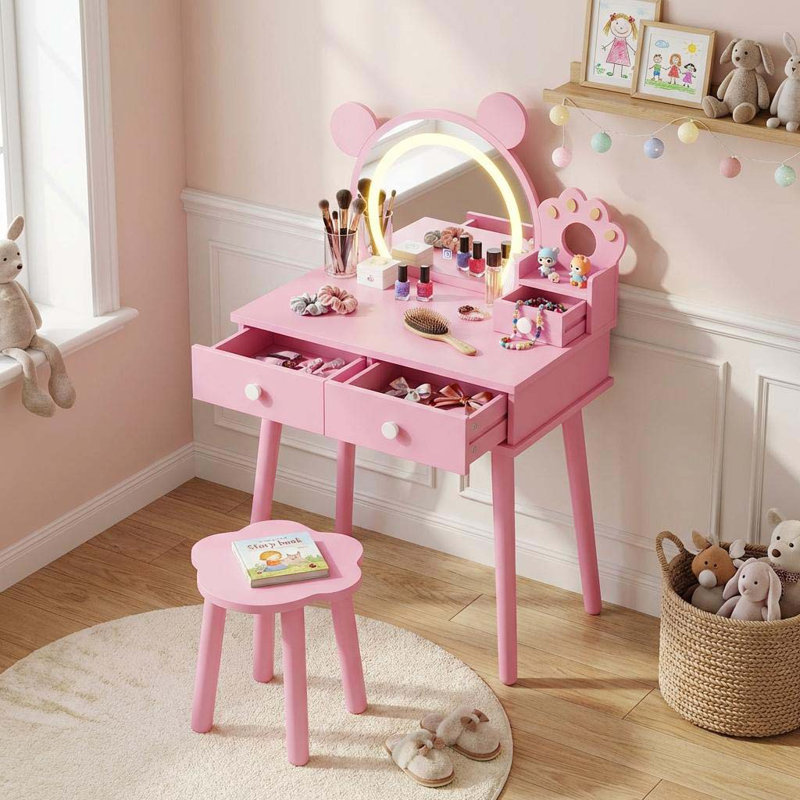 Ensemble de coiffeuse pour enfant en forme d'ours, miroir éclairé, bureau de maquillage en bois Princess, rose, Rose