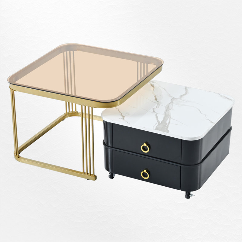 2-in-1 Square Nesting Coffee Table with Wheels & Drawers, Stackable Side Table with High Gloss Marble Grain Top, End Table Set with Brown Tempered Glass for Living Room