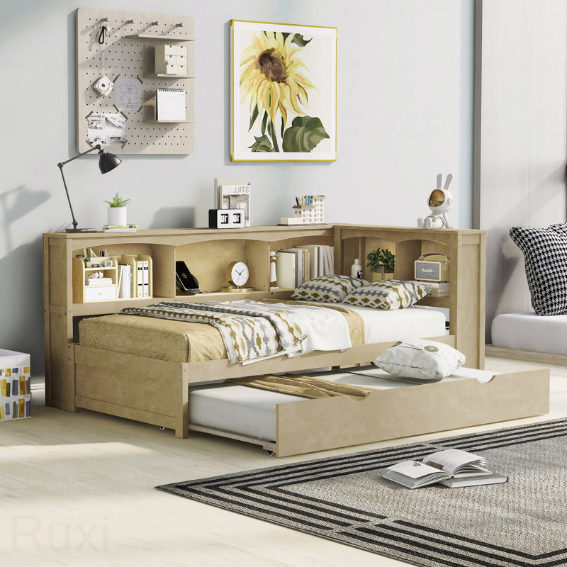 Structure de lit de jour simple, lit gigogne, armoires de rangement, USB