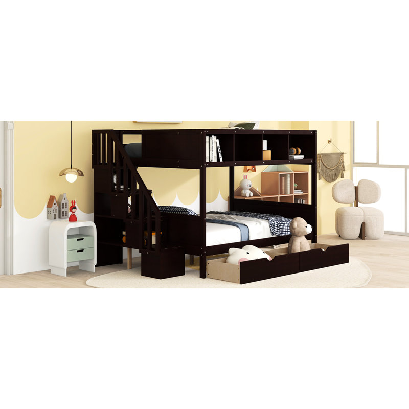 Lit superposé simple au-dessus de double avec tablettes, escalier de rangement et 2 tiroirs - finition confortable, tablette et choix de chambre à coucher polyvalent