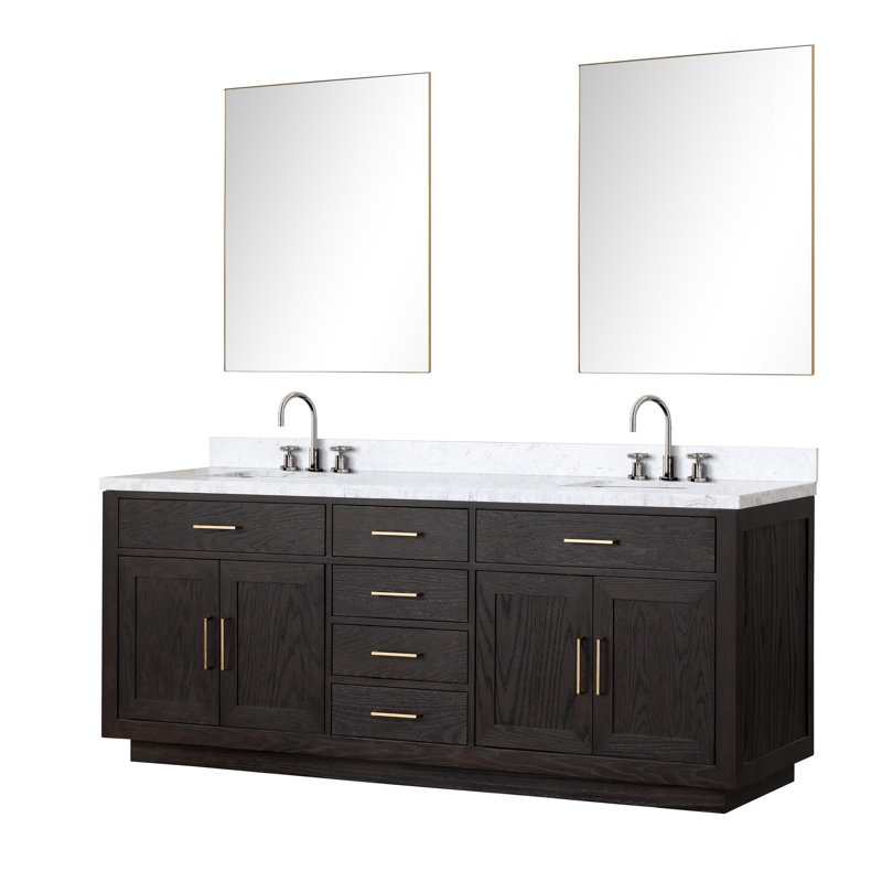 Ensemble de meuble-lavabo double 84 "avec miroir 84", Chêne noir, Marbre de Carrare blanc