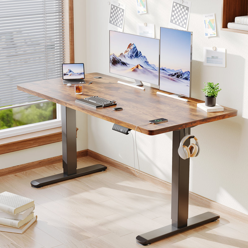 Adjustable Metal Base Standing Desk, 72cm H x 140cm W x 70cm D, Brown/Black