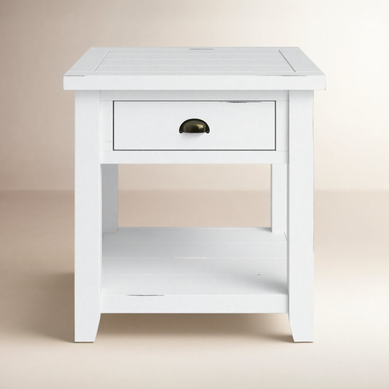 Castile Solid Wood End Table with Storage, Weathered White