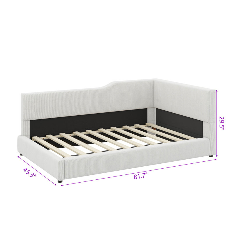 Structure de lit moderne rembourrée en forme de L avec velours côtelé, Beige, Lit simple