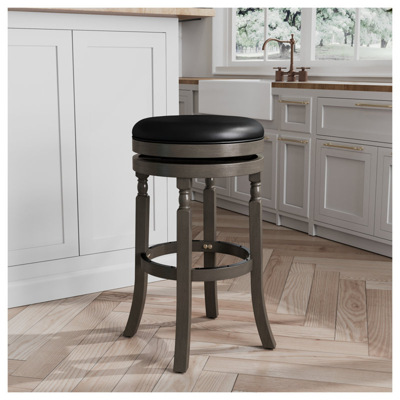 Tabouret de bar rotatif 30 po au fini gris patiné et siège en cuir reconstitué noir - Tabouret de comptoir de cuisine robuste en bois franc