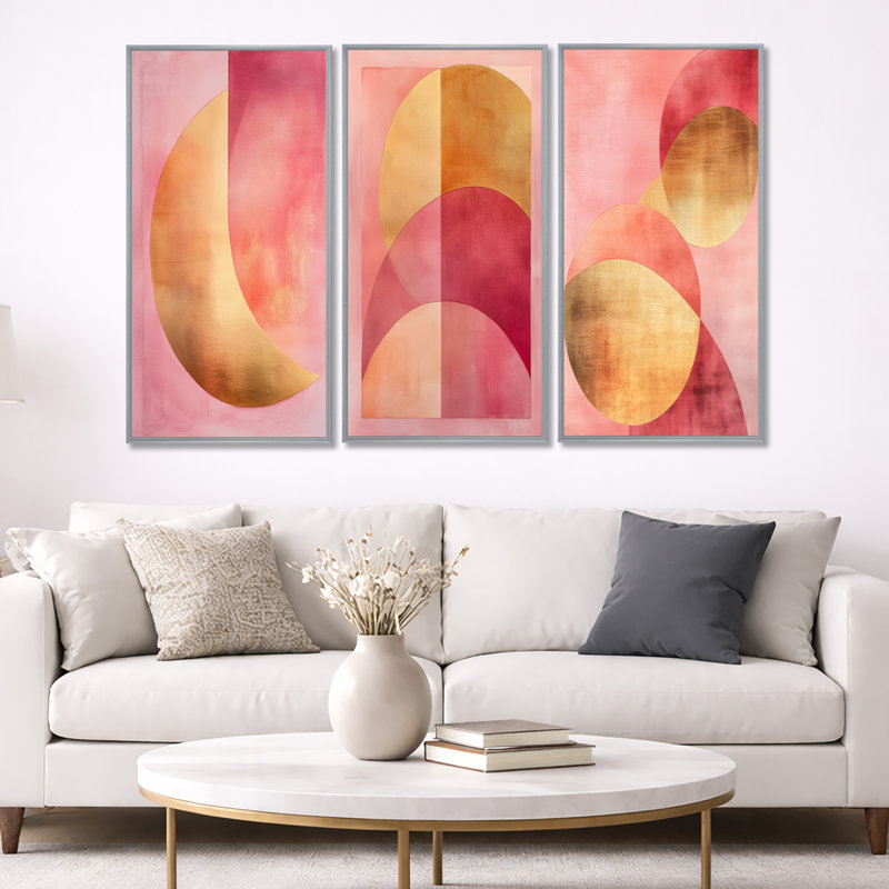 Blush & Gold Arcs - Art abstrait encadré 3 pièces, 40" H x 60" W, Silver Floater Framed