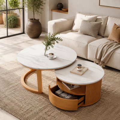 Table basse gigogne ronde avec plateau en placage de marbre blanc, rangement à 2 niveaux et 1 tiroir, naturel, 28,5 po