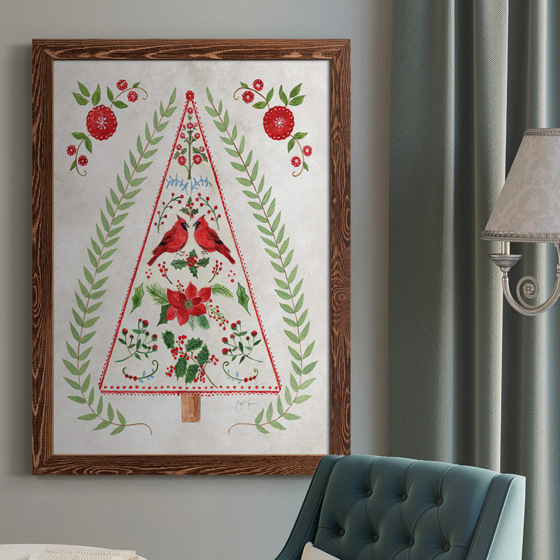 Christmas Folk Tree - Reproduction d'un seul cadre photo sur toile, H 37,5 po x l 27,5 po x P 1 po, Cadre érable