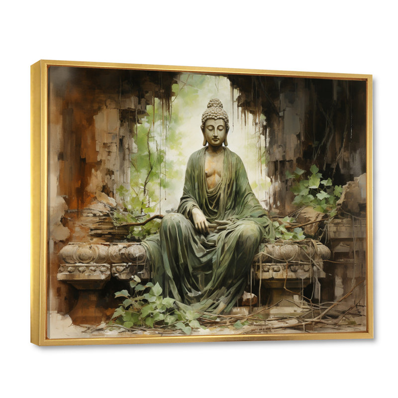 Thailande, ruines de Bouddha, art mural, Cadre flottant doré, H 24 po x l 32 po x P 1 po
