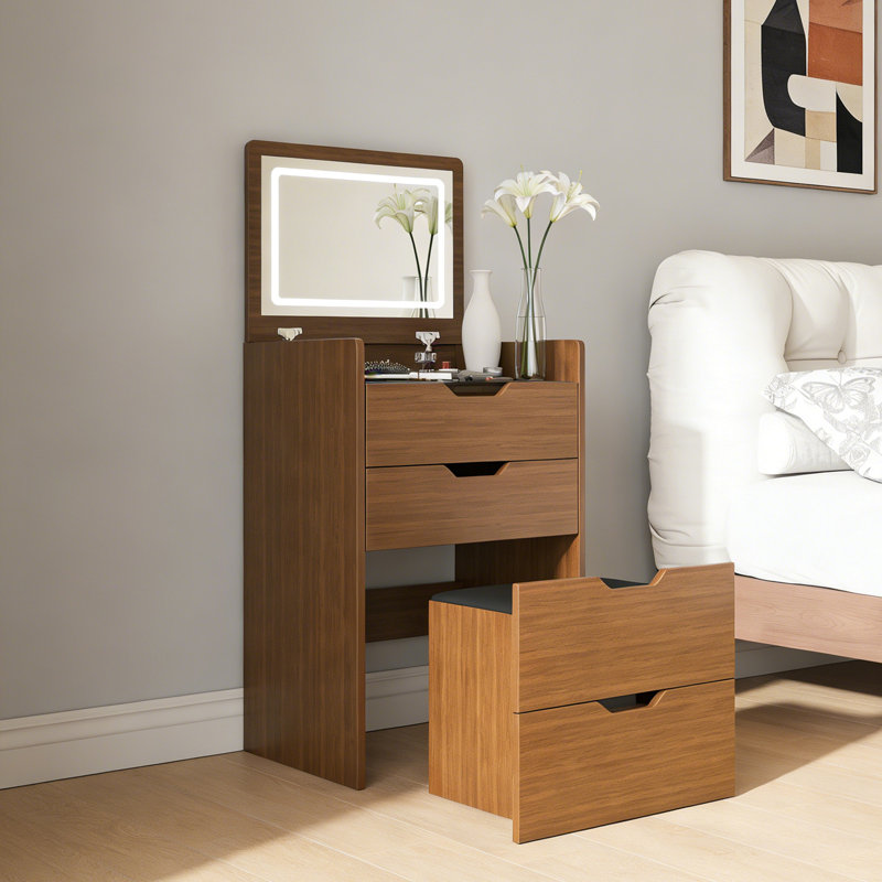 Bureau de coiffeuse 3 en 1 avec miroir éclairé et tabouret, coiffeuse à plateau rabattable, rangement compact pour la chambre à coucher, la salle de bain et le vestiaire (L 18,9 po, noyer)