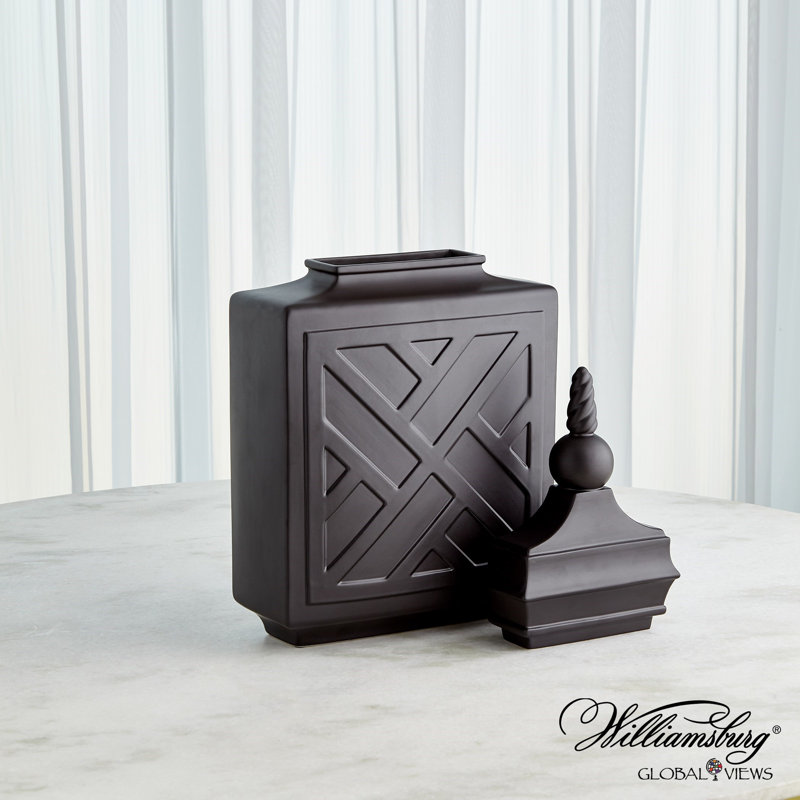 Chinoiserie Handmade Ceramic Jar, Matte Black, 27.75" H x 13.75" W x 6" D