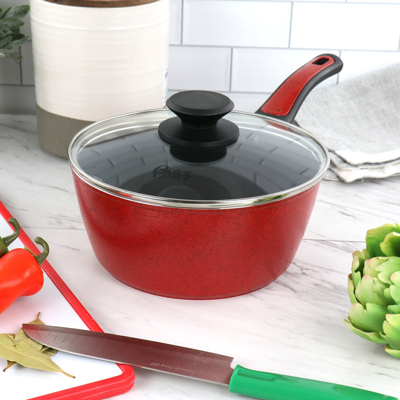 2.2 Quart Nonstick Saucepan With Lid in Speckled Red