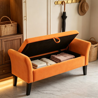 51" End of Bed Storage Bench , Storage Ottoman Bench with Tufted Button Upholstered and Solid Wood Leg, Bedroom Benches with Armrests for Living Room Window and Entryway
