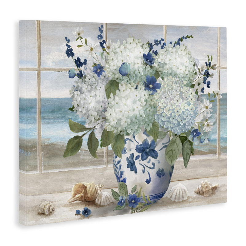Bouquet d'hortensias de bord de mer en toile de fenêtre, design par Nan, H 24 po x l 30 po