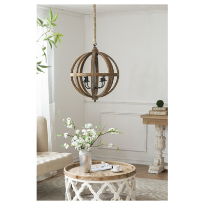 4-Light Brown Wood Chandelier with Adjustable Height and Iron Accents