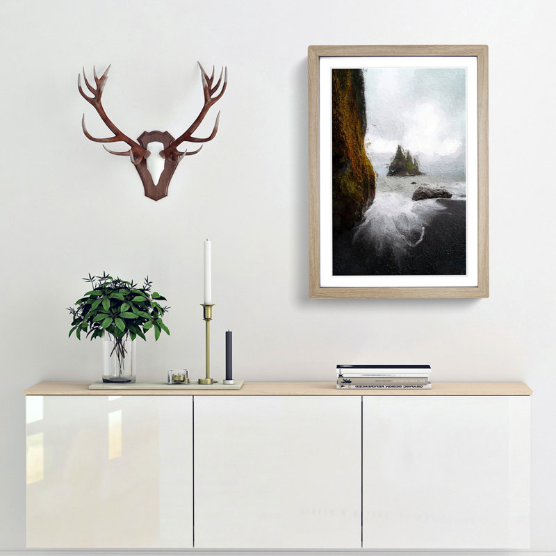 Ocean View from Black Sand Beach Iceland - Picture Frame Painting Print, 36cm H x 27cm W x 2cm D, Oak Framed