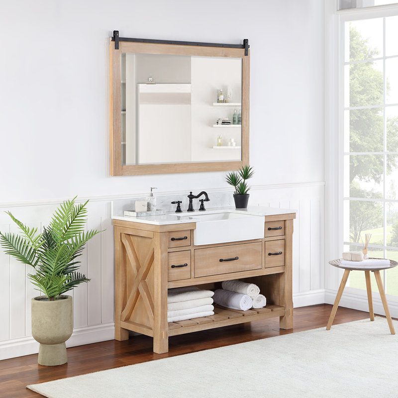 Ensemble de meuble-lavabo simple 48 po avec miroir Villareal, Pin délavé