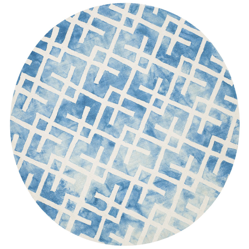 Bryauna Hand Tufted Wool/Cotton Geometric Rug in Blue/Ivory, Round 5'