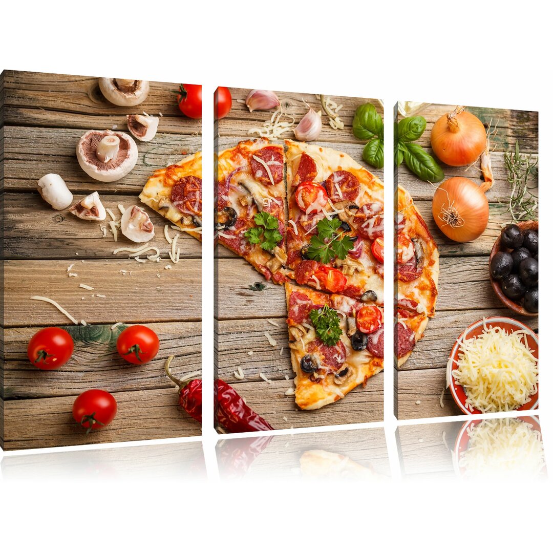 3-tlg. Leinwandbild-Set „Leckere Pizza Italia auf Holztisch", Fotodruck