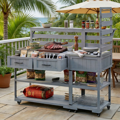 62.3" Outdoor Kitchen Island Cart With Stainless Steel Top, Solid Wood Patio Prep Table With Drawers, Raised Shelf, Lockable Wheels & Modular Design