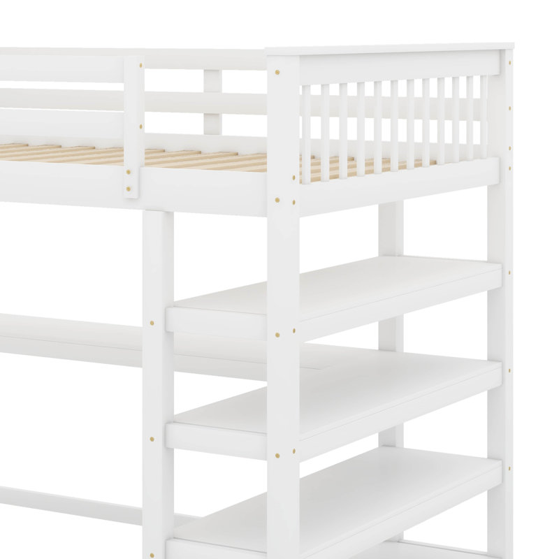 Lit mezzanine double avec tablettes et bureau, Blanc