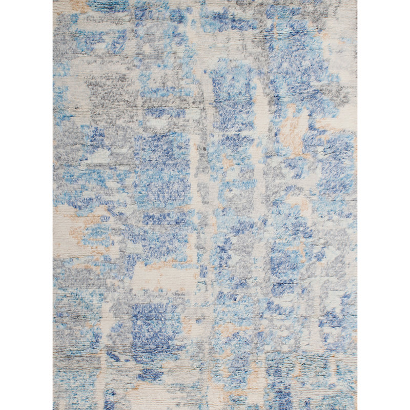 Tapis bleu / beige / gris noué à la main de haute qualité, Rectangle de 10 pi x 14 pi