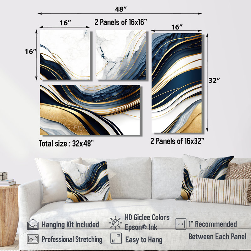 «Abstract Geode Waves Blue and Gold III», art mural abstrait sur toile 4 pièces, Noir, Impression encadrée sans passe-partout