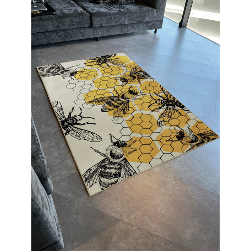 Yellow-Beige Themed Beehive and Bee Patterned Creative Modern Decorative Rug, Runner 3'3.37" x 6'6.74"