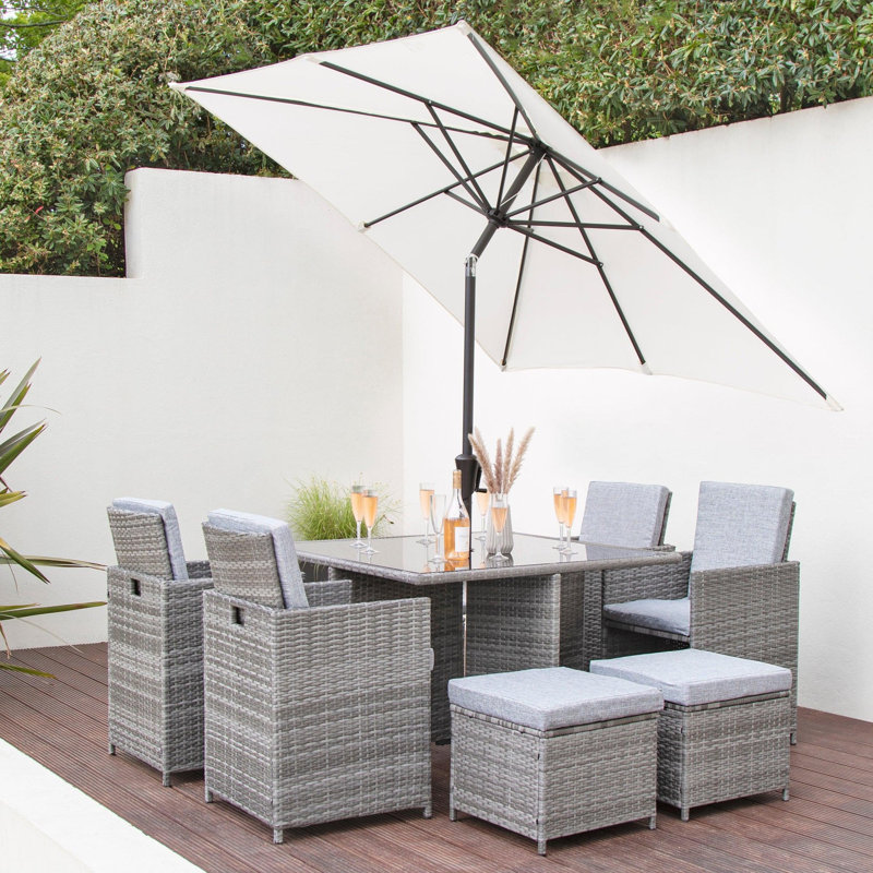 Quilla All Weather Wicker/Rattan 8 - Person with Cushions, Grey with Grey Parasol, Yes