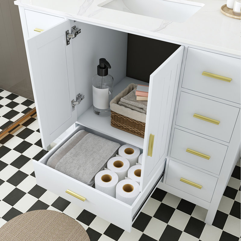 Meuble-lavabo moderne en bois massif avec lavabo, comptoir en quartz blanc Carrara de 43 po avec 1 trou de robinet pré-percé, 2 portes doubles à fermeture douce et 9 tiroirs spacieux avec glissières